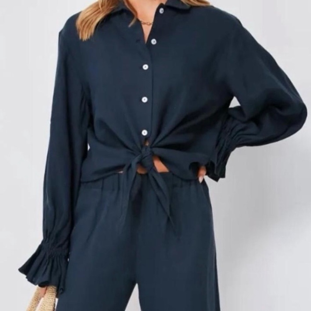 Sleeper Navy Blue Tie Waist Rumba Top 100% Linen Size XS